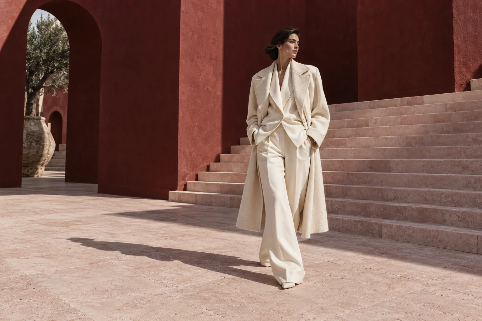 Fashion study with an ivory suit in a burgundy architectural courtyard