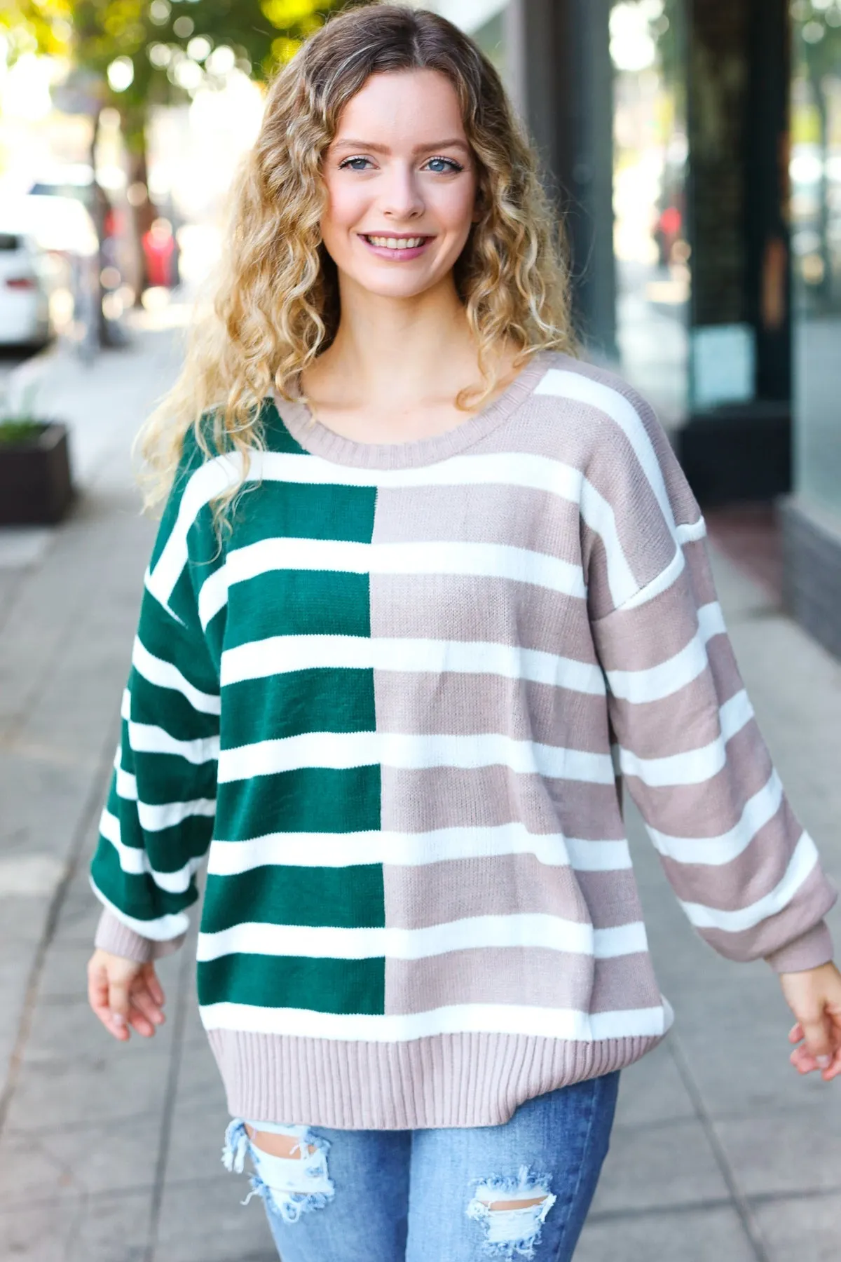 &Hunter Green & Taupe Striped Color Block Sweater