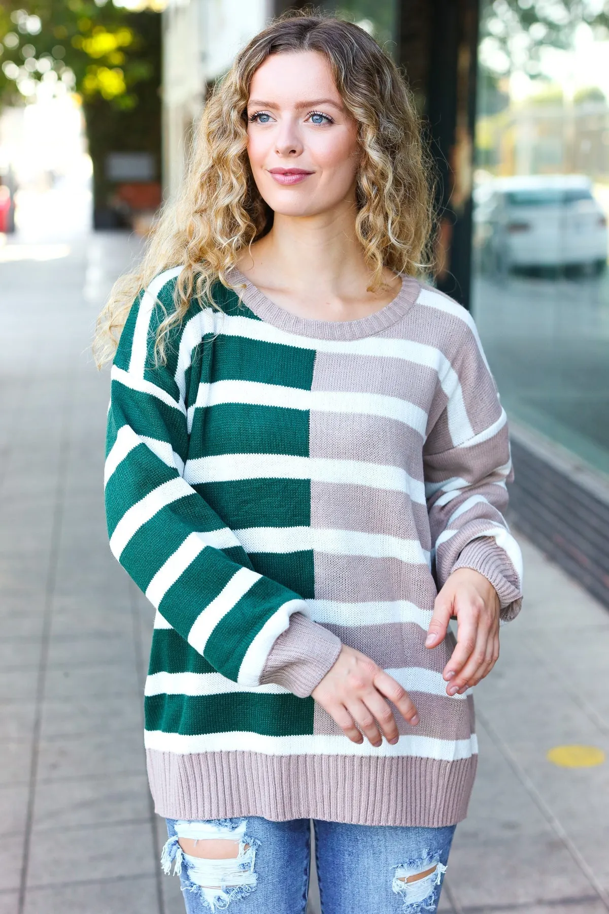 &Hunter Green & Taupe Striped Color Block Sweater