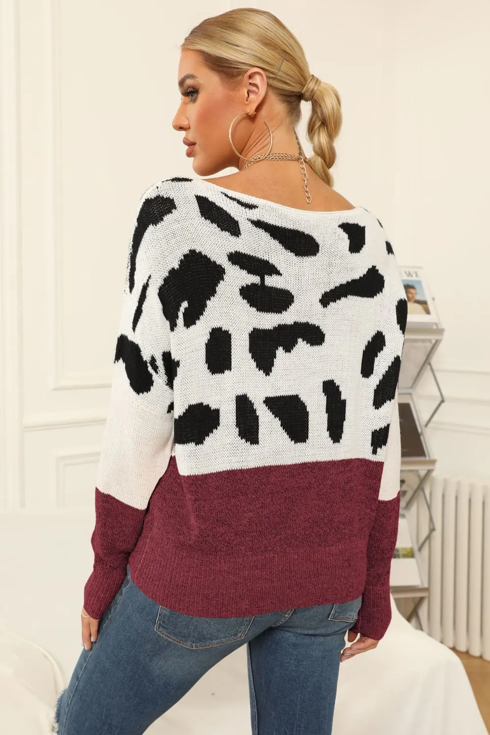&Full Size Two-Tone Boat Neck Sweater