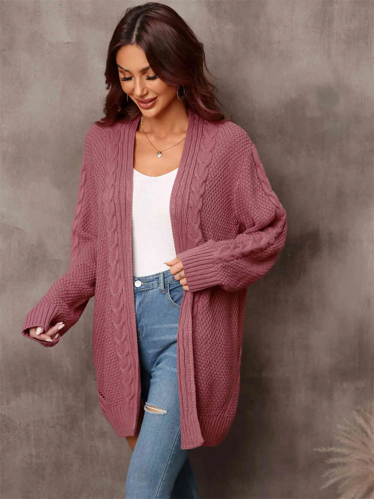&Mixed Knit Open Front Longline Cardigan