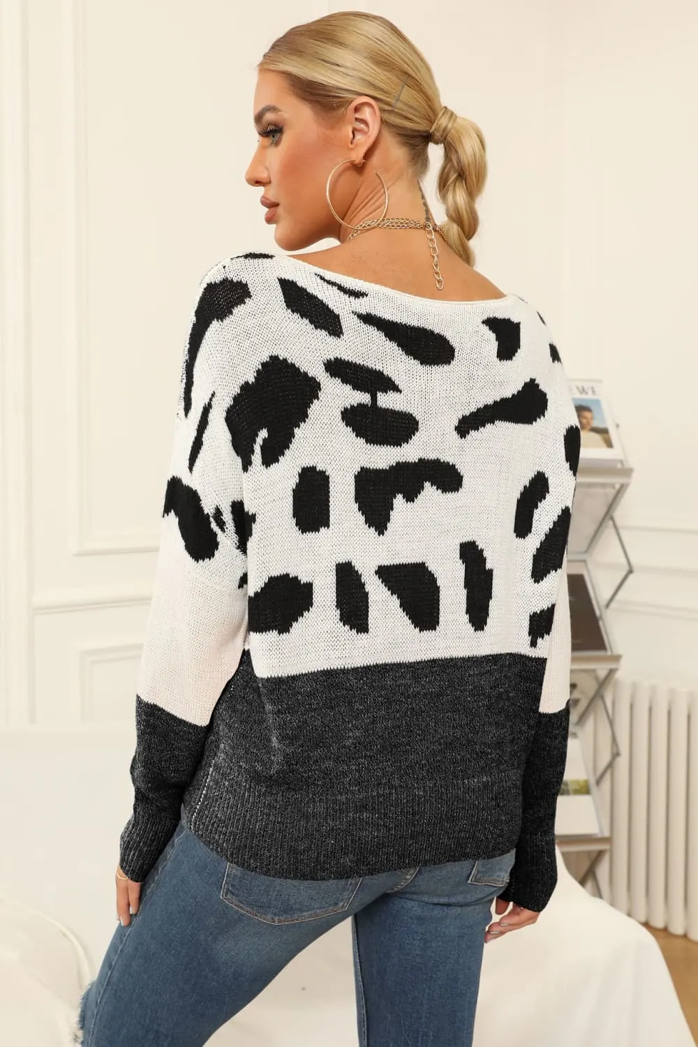&Full Size Two-Tone Boat Neck Sweater