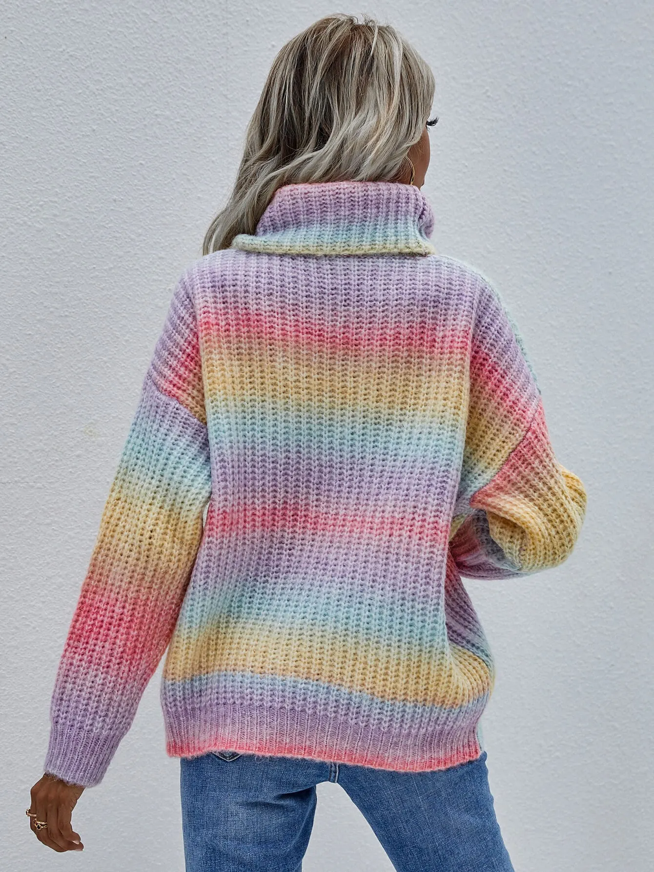 Multicolor rib-knit turtleneck sweater with drop shoulders