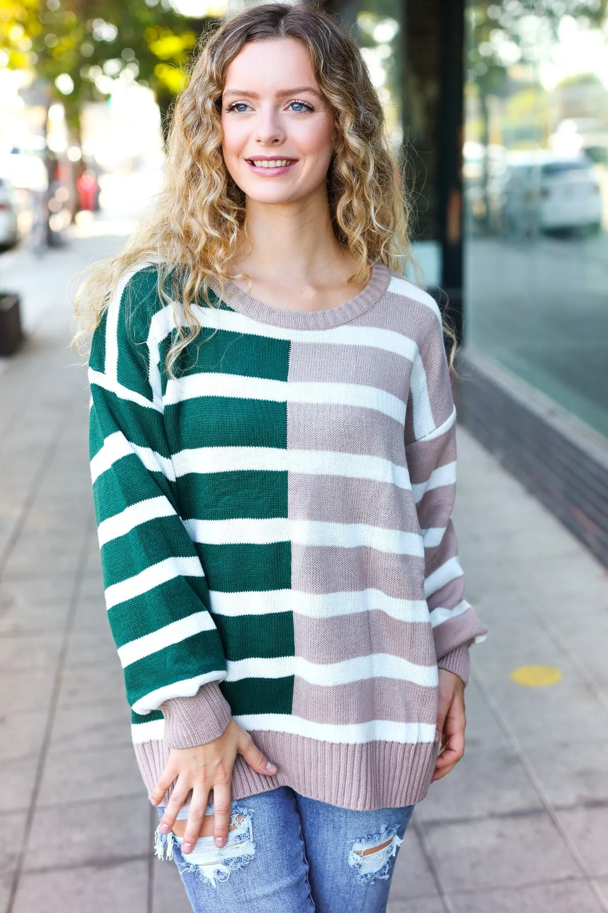 &Hunter Green & Taupe Striped Color Block Sweater