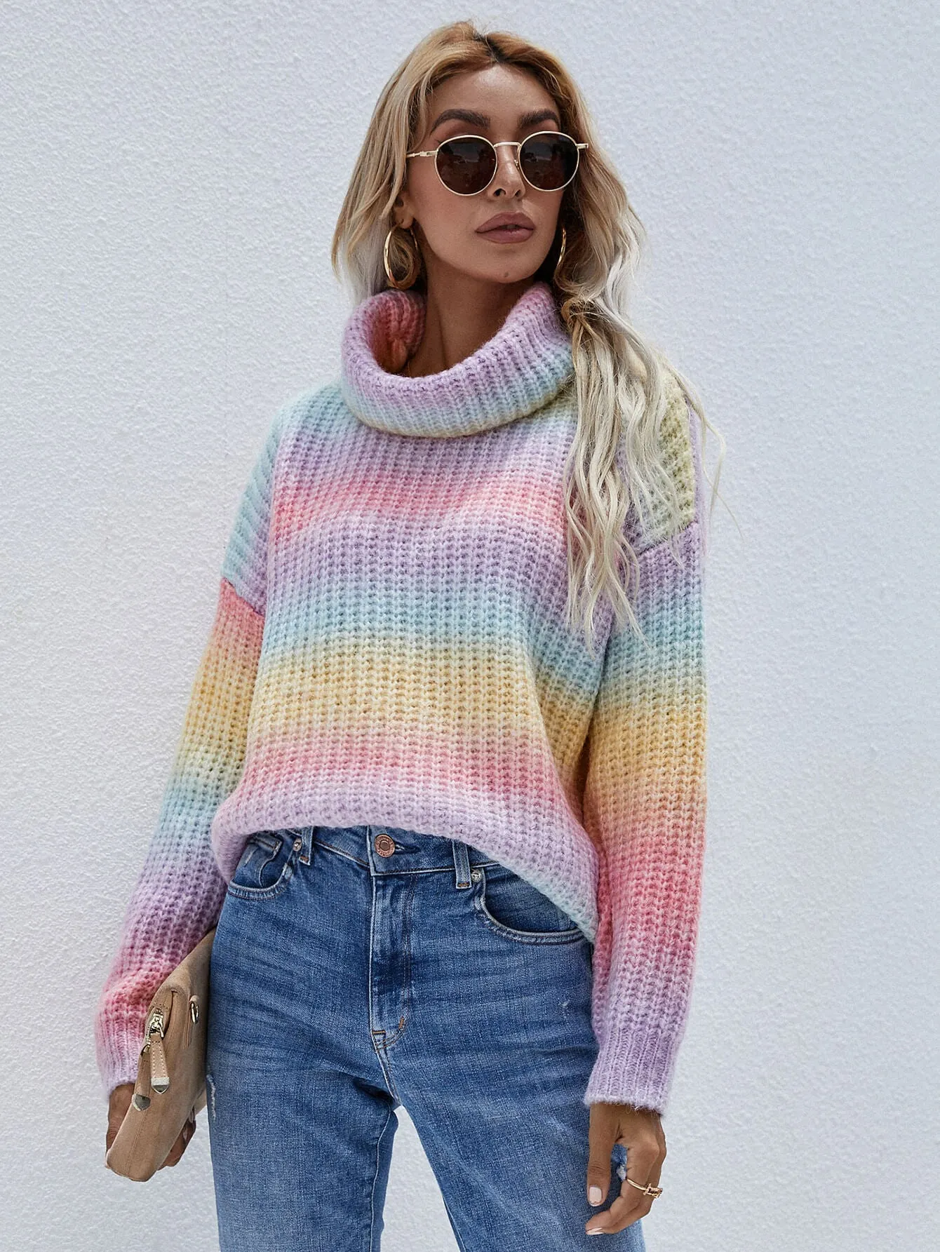 Multicolor rib-knit turtleneck sweater with drop shoulders