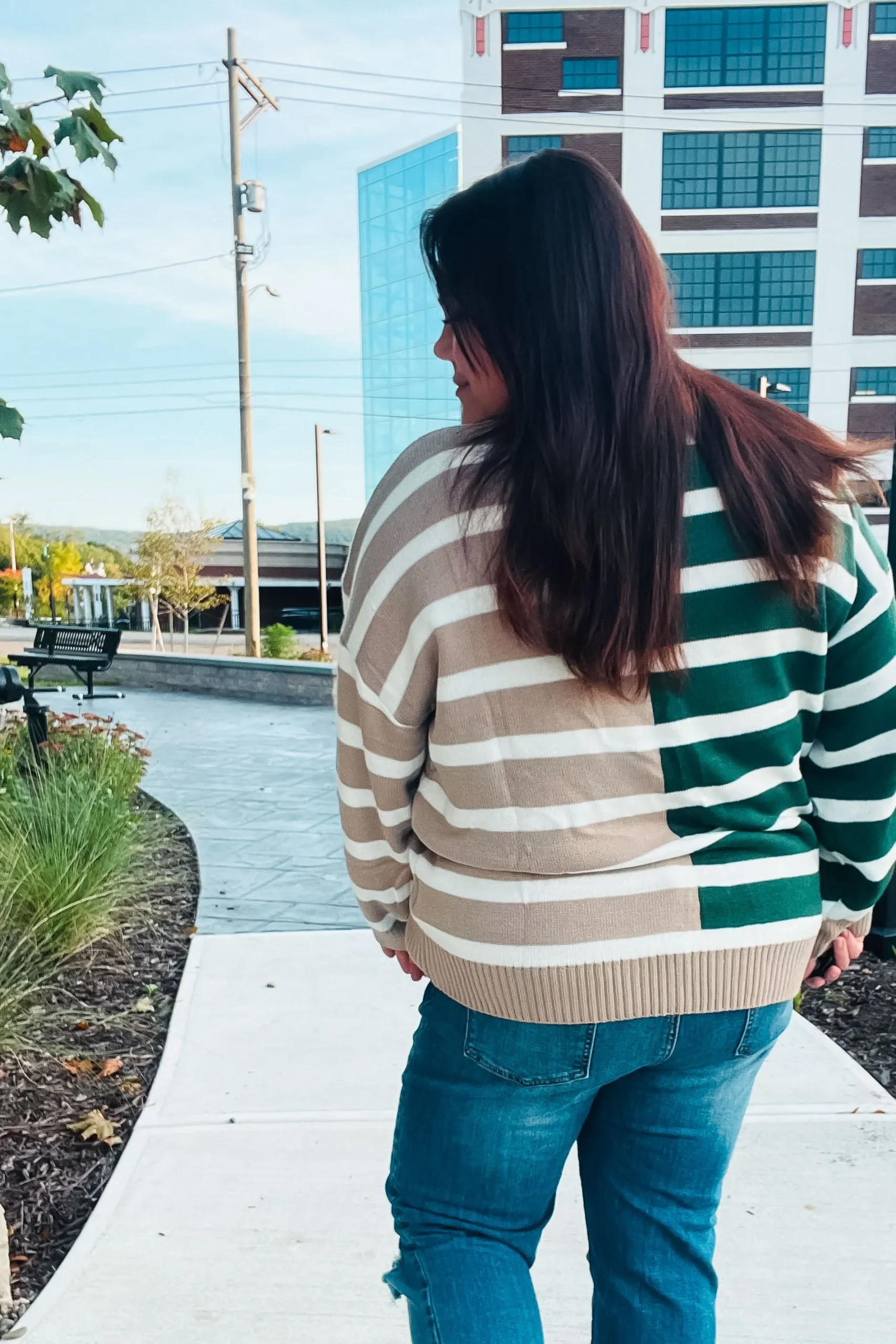 &Hunter Green & Taupe Striped Color Block Sweater