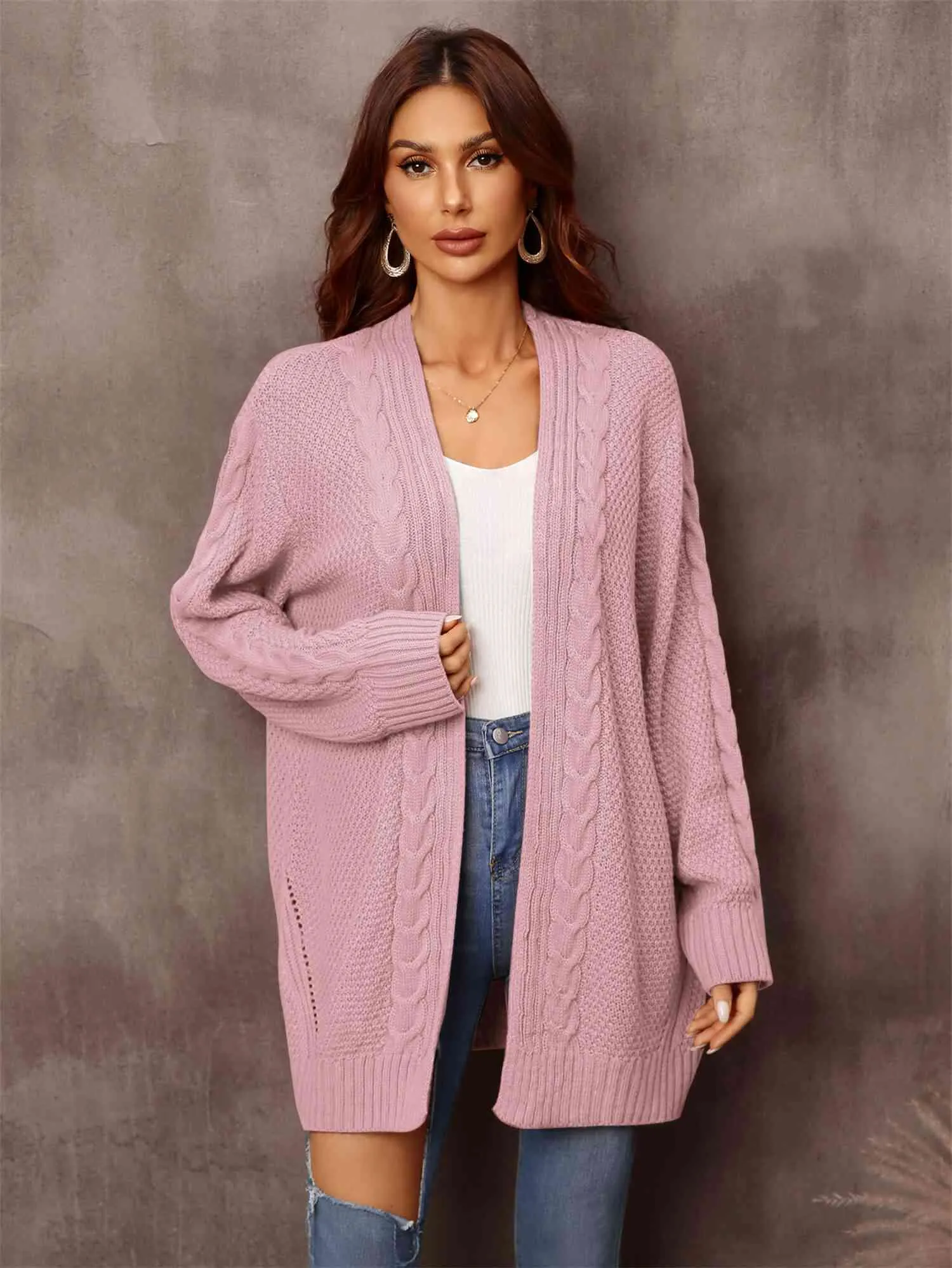 &Mixed Knit Open Front Longline Cardigan