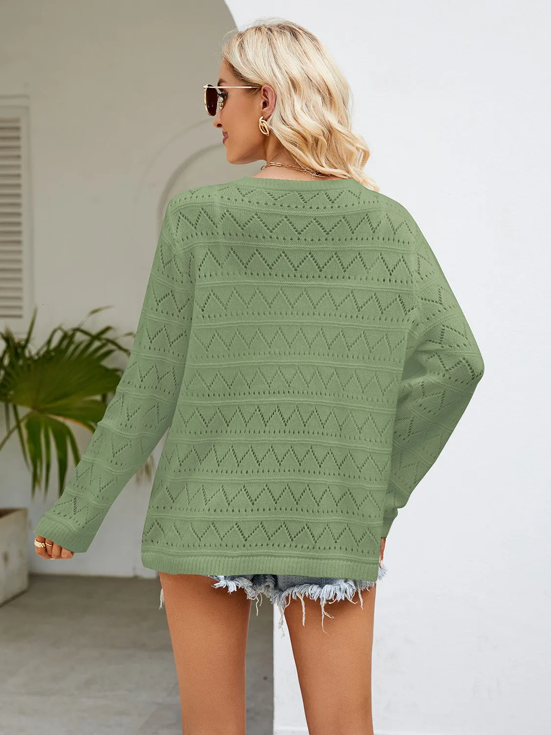 &Round Neck Openwork Long Sleeve Knit Top