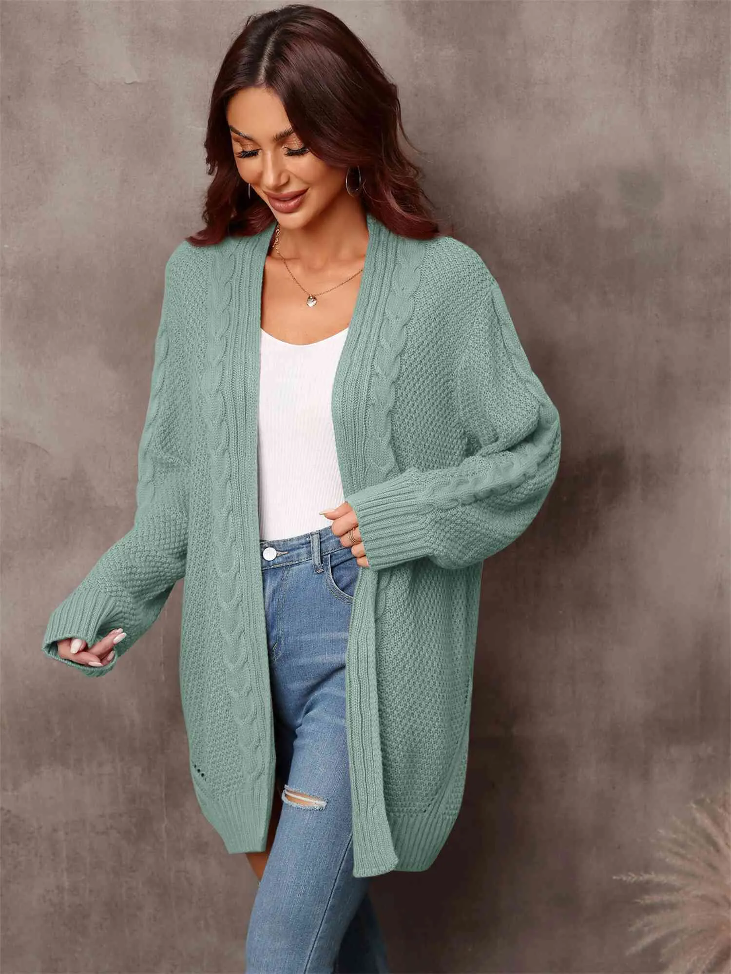 &Mixed Knit Open Front Longline Cardigan