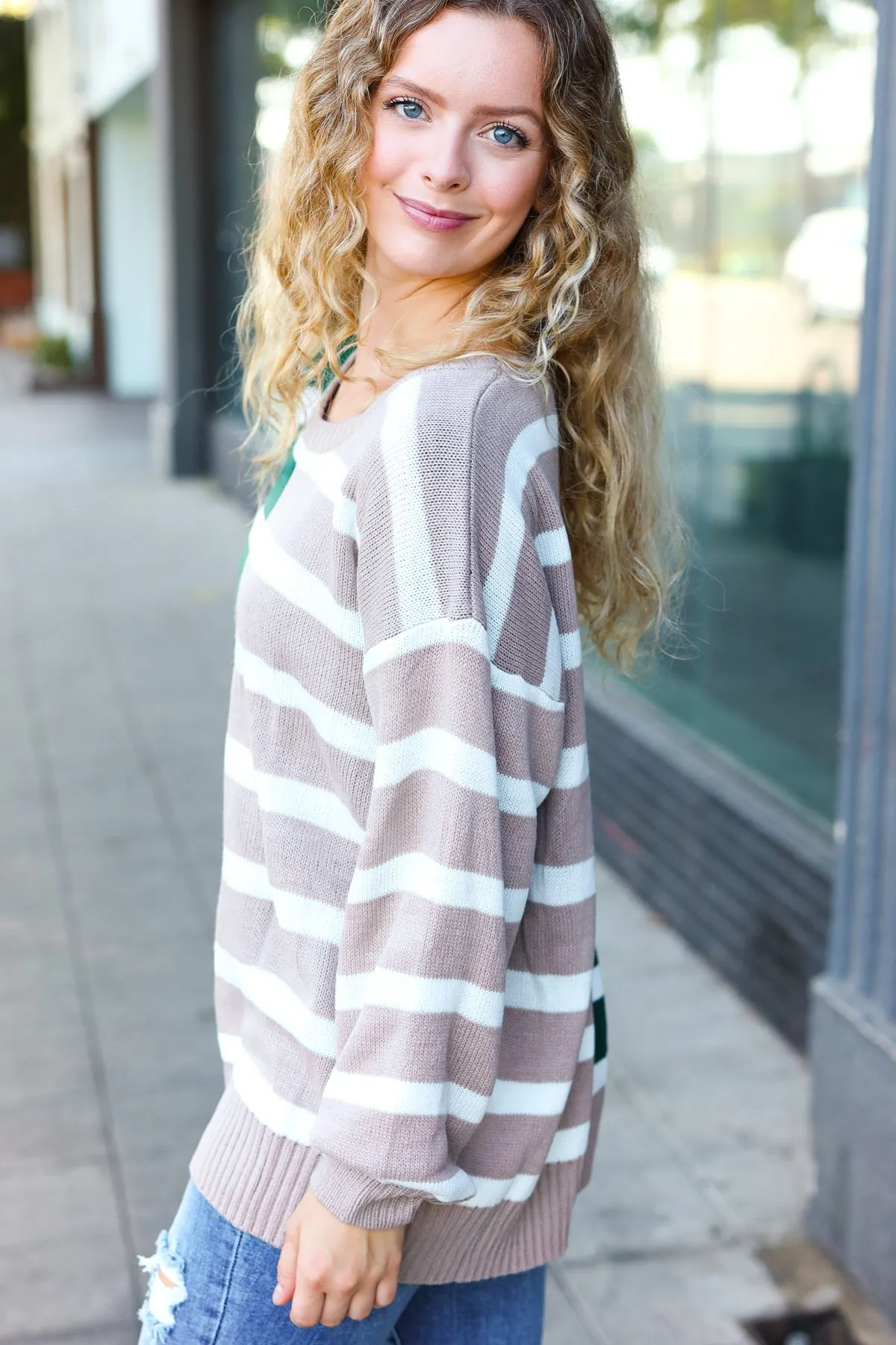 &Hunter Green & Taupe Striped Color Block Sweater