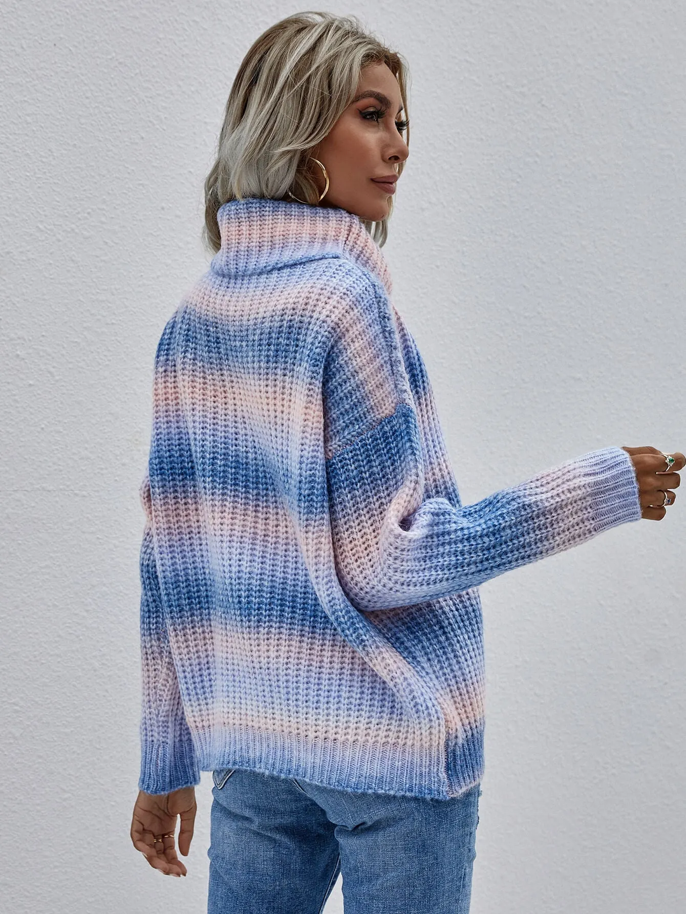 Multicolor rib-knit turtleneck sweater with drop shoulders