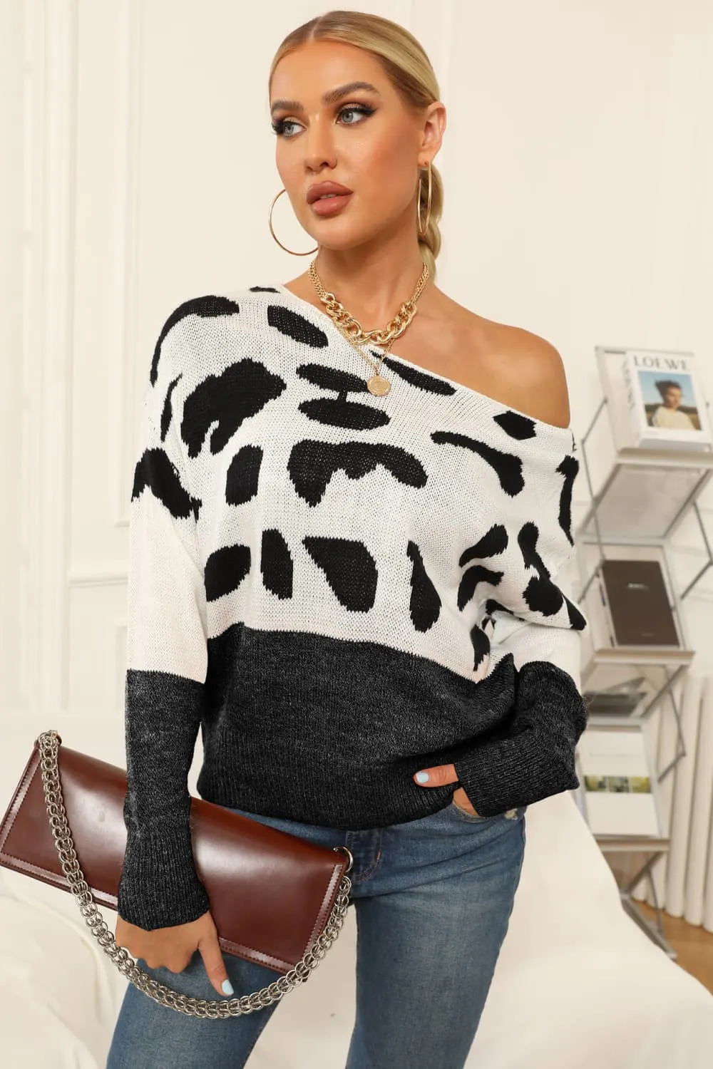 &Full Size Two-Tone Boat Neck Sweater