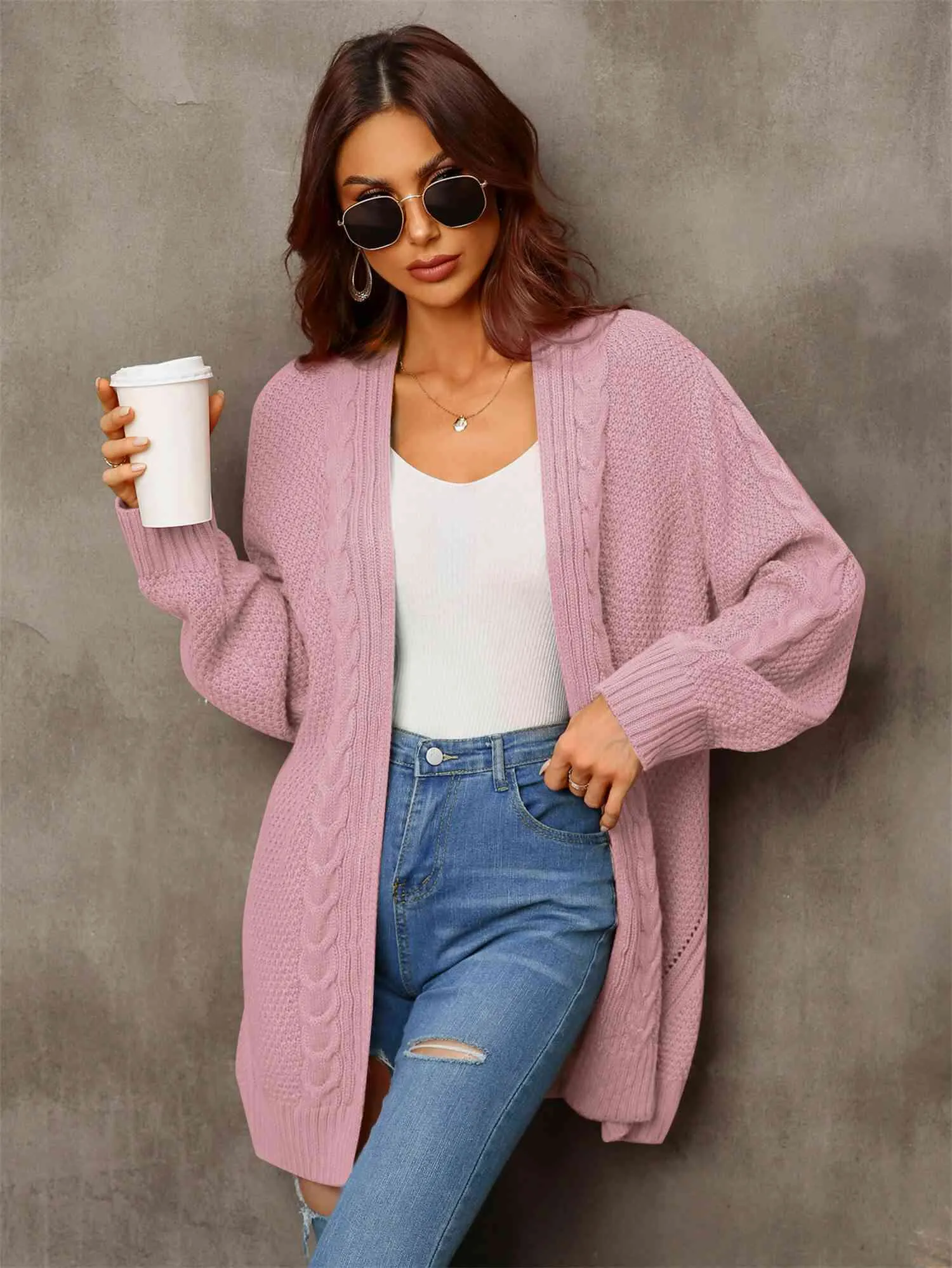 &Mixed Knit Open Front Longline Cardigan