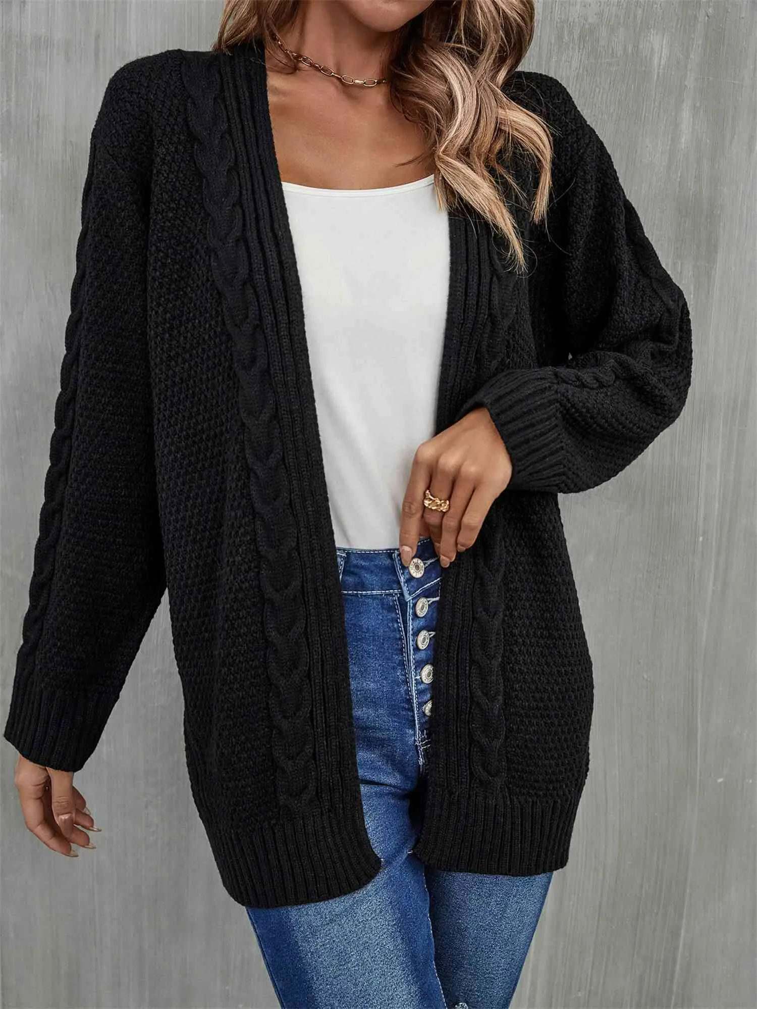 &Mixed Knit Open Front Longline Cardigan