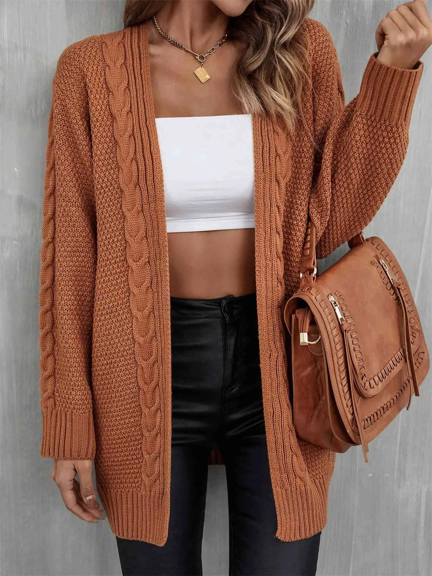 &Mixed Knit Open Front Longline Cardigan