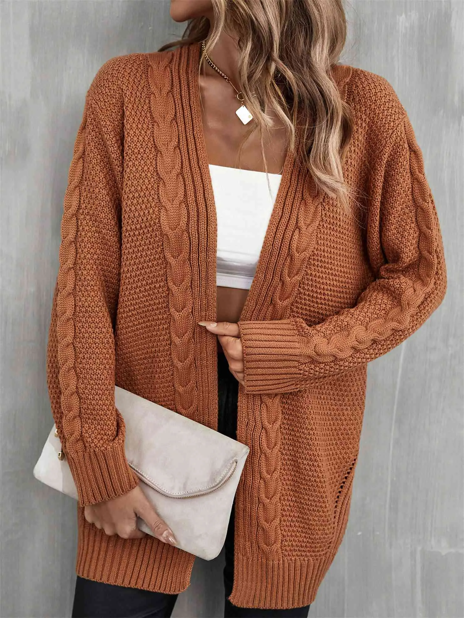 &Mixed Knit Open Front Longline Cardigan