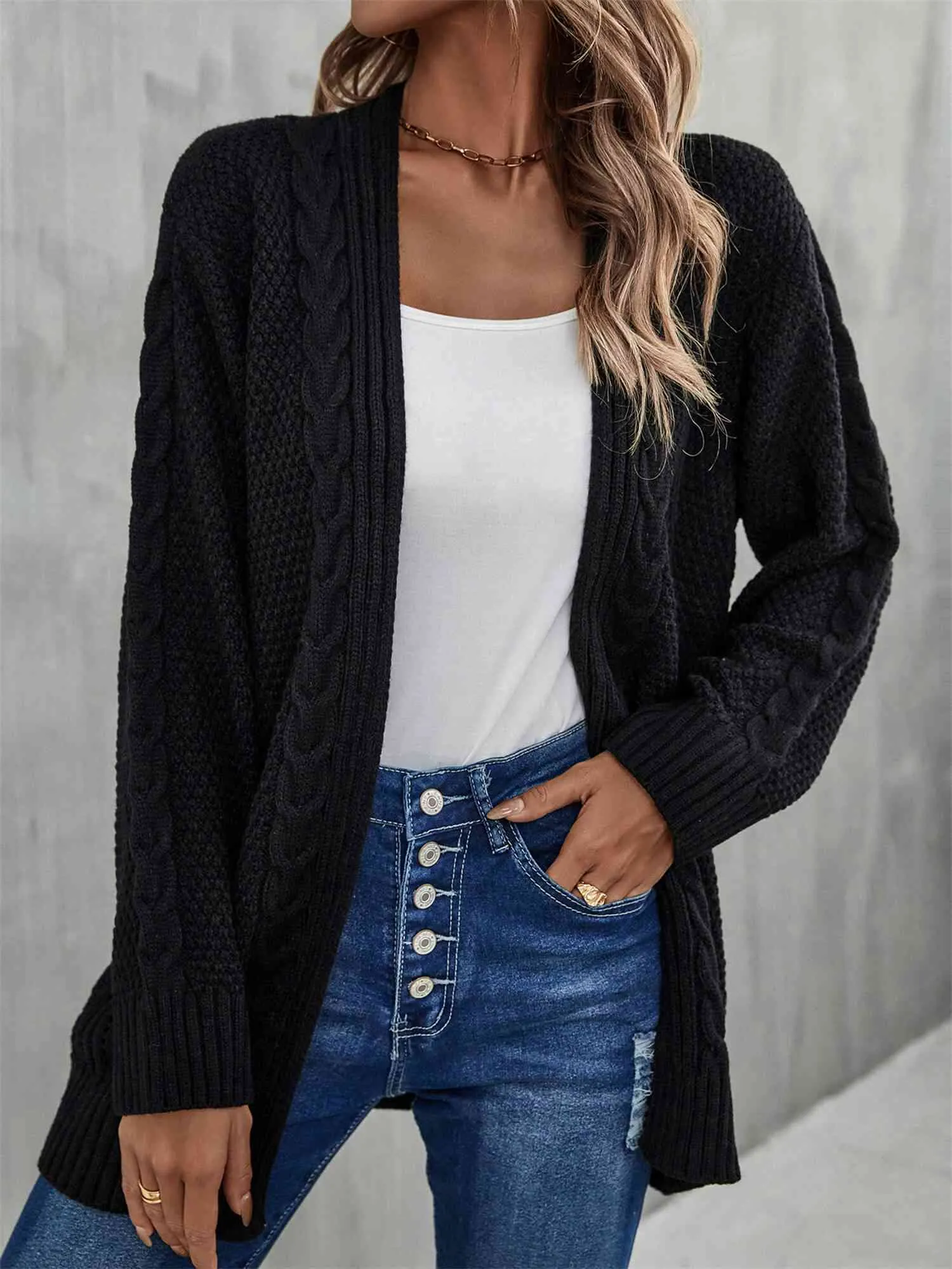 &Mixed Knit Open Front Longline Cardigan
