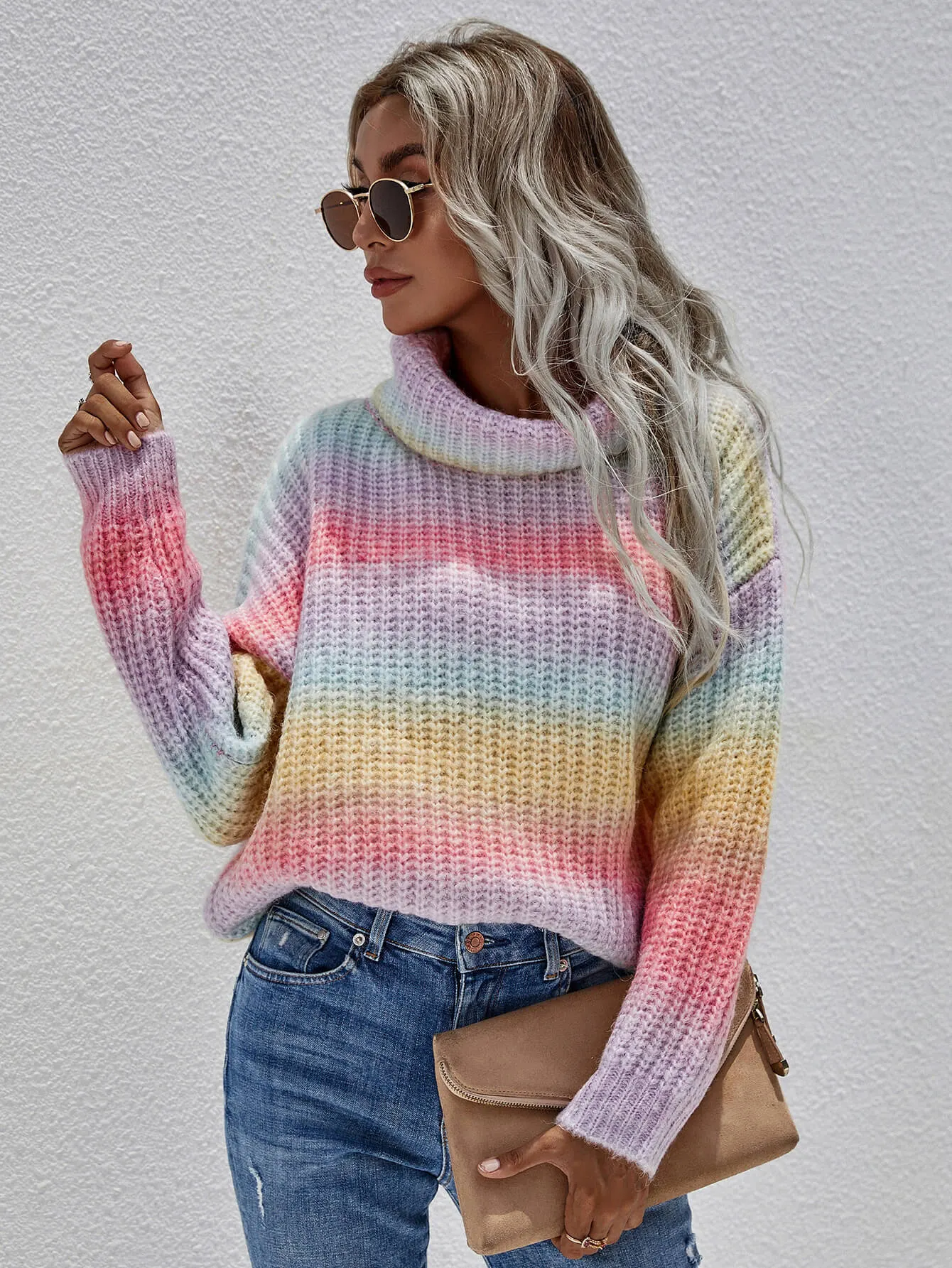 Multicolor rib-knit turtleneck sweater with drop shoulders