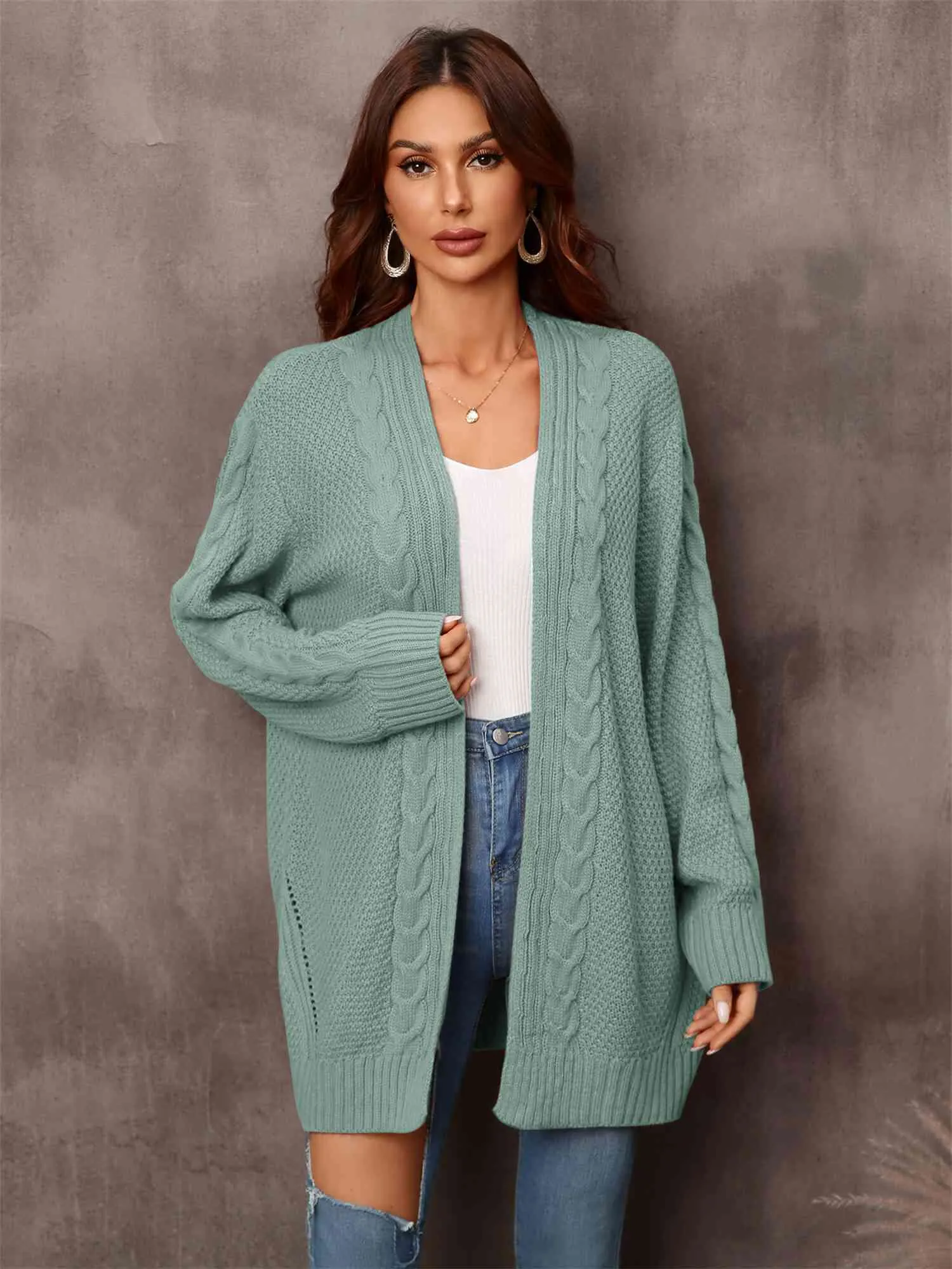 &Mixed Knit Open Front Longline Cardigan