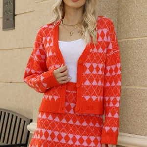 Geometric Dropped Shoulder Cardigan and Knit Skirt Set
