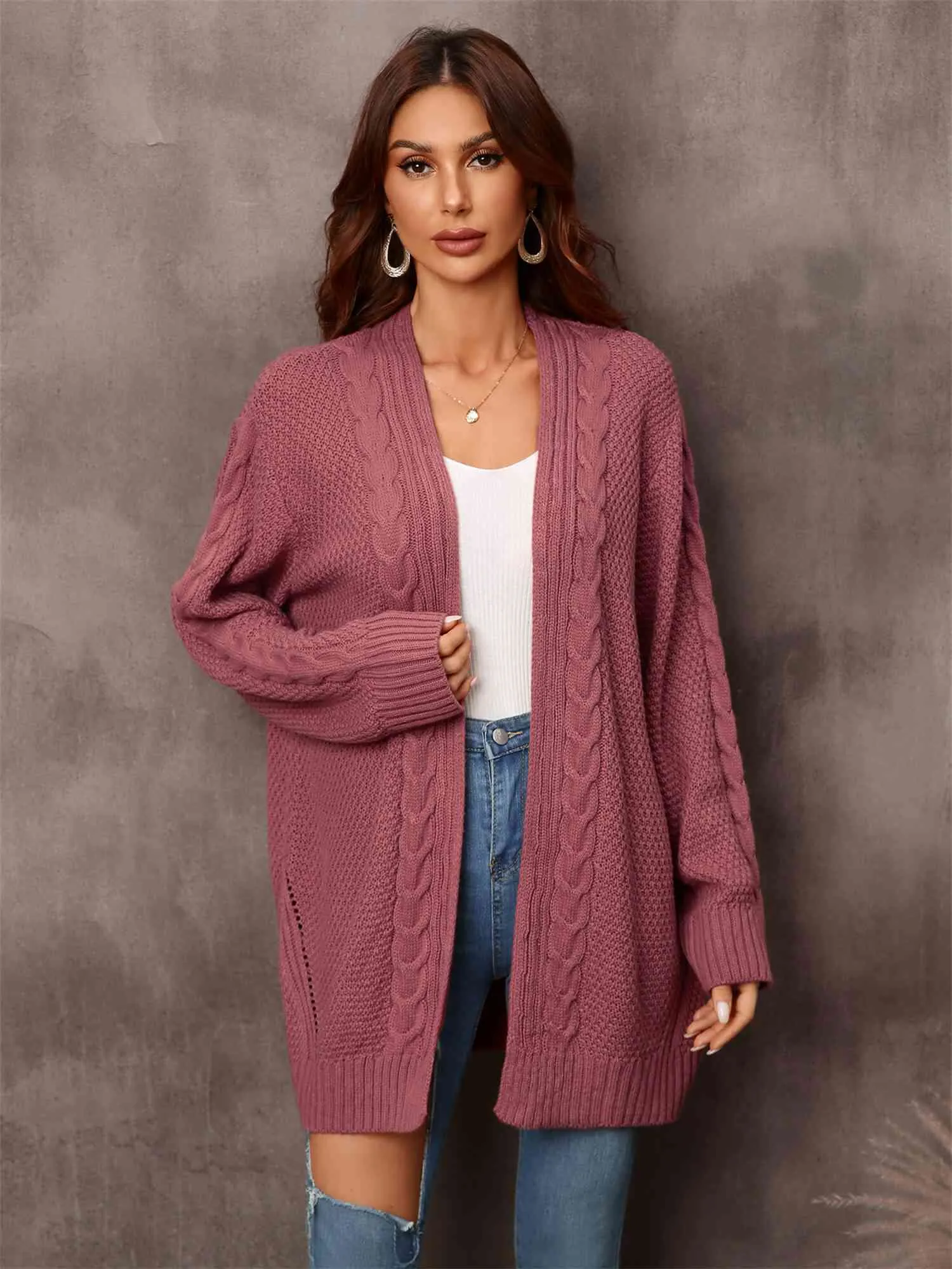 &Mixed Knit Open Front Longline Cardigan