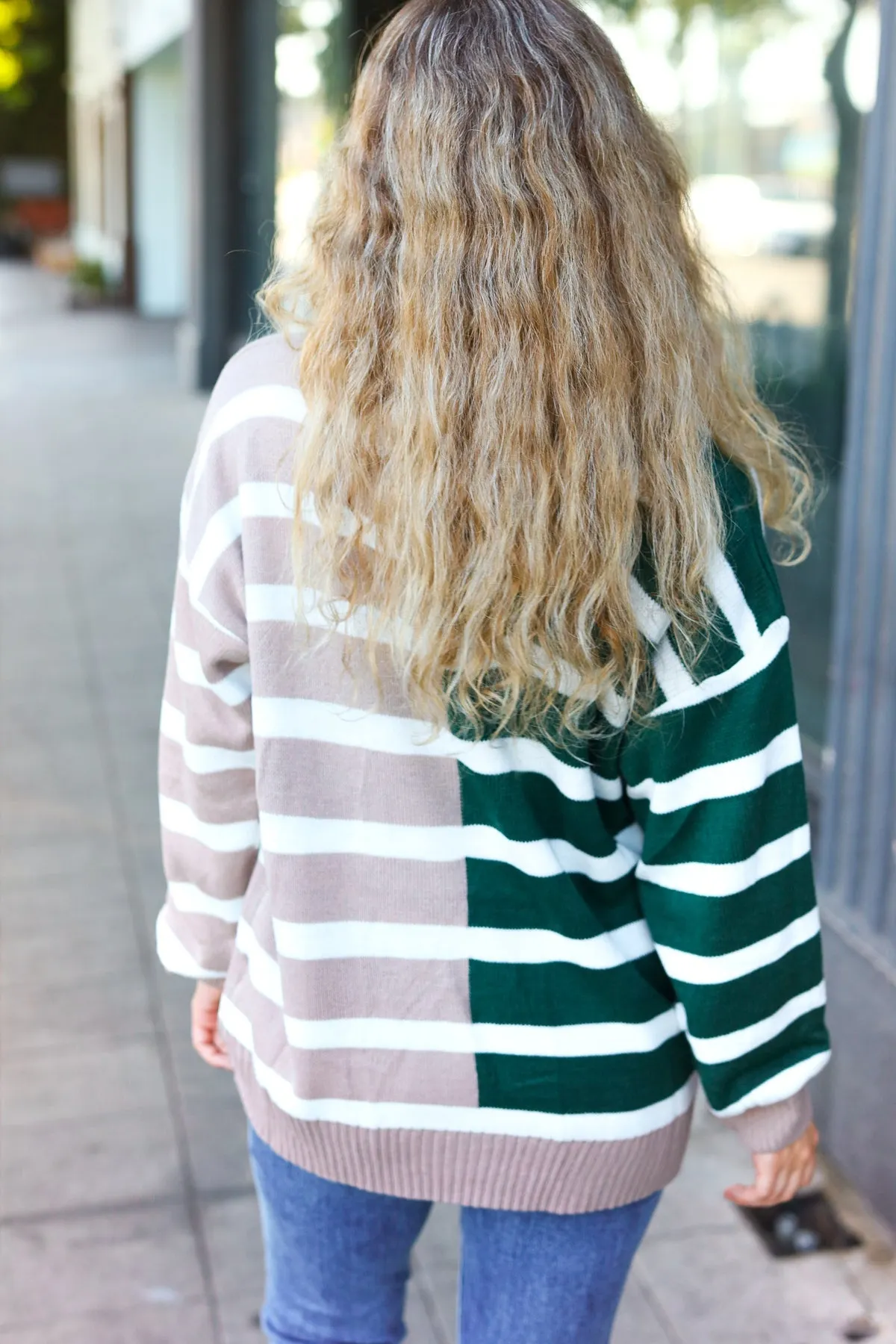 &Hunter Green & Taupe Striped Color Block Sweater