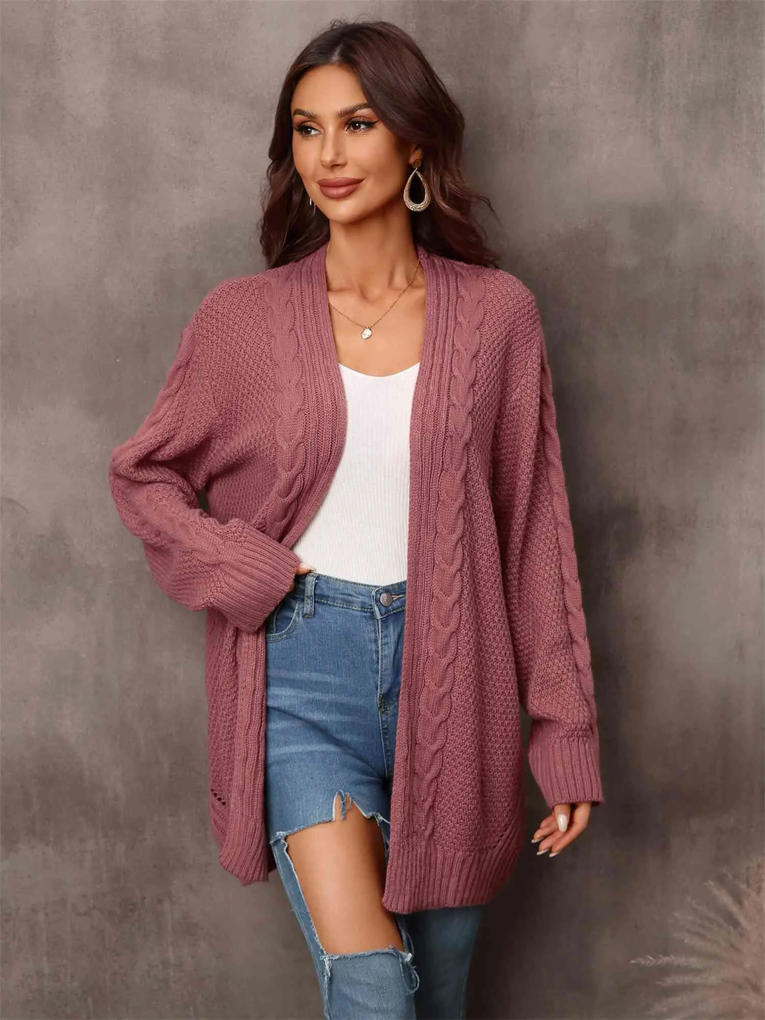 &Mixed Knit Open Front Longline Cardigan