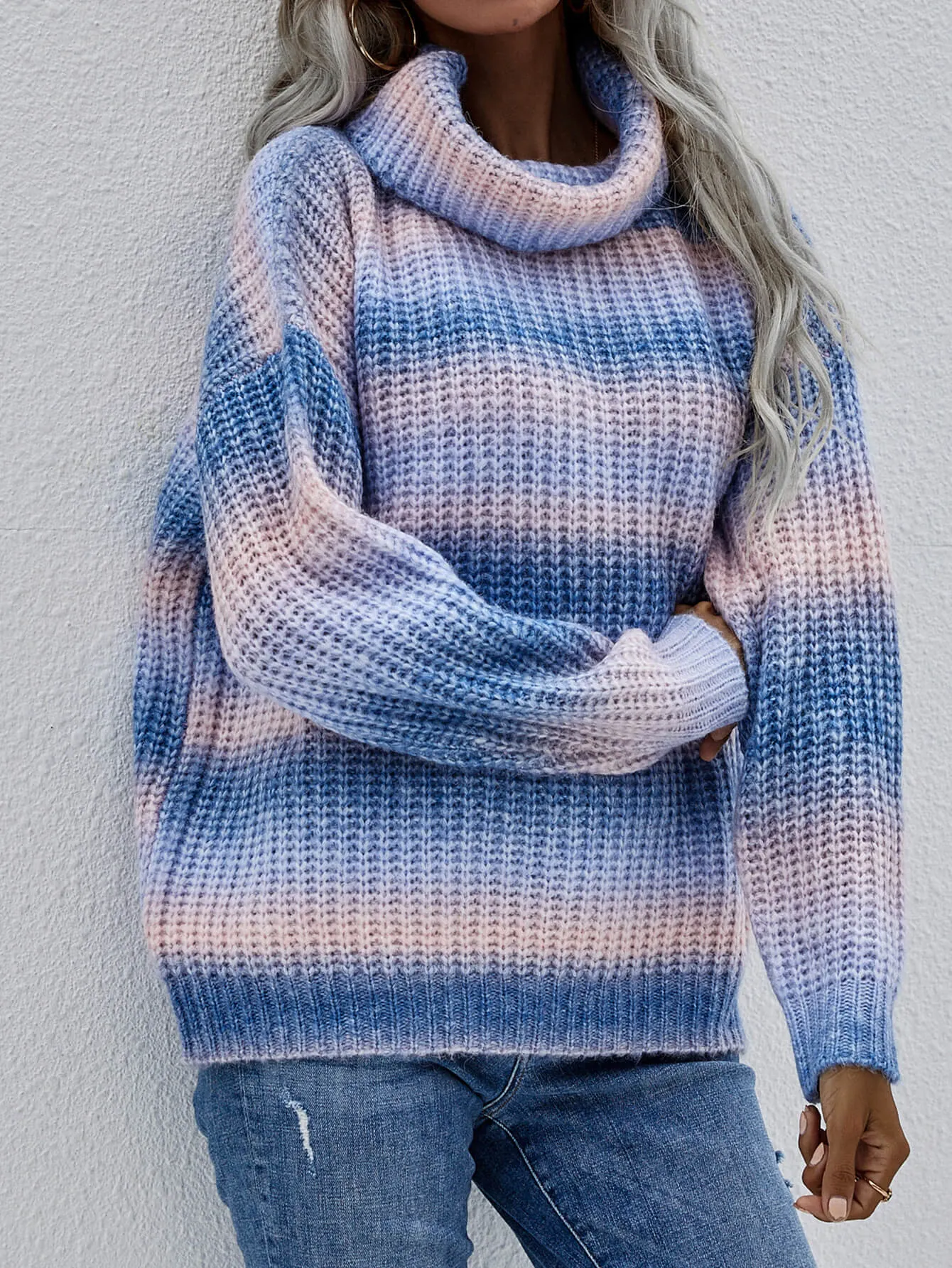 Multicolor rib-knit turtleneck sweater with drop shoulders