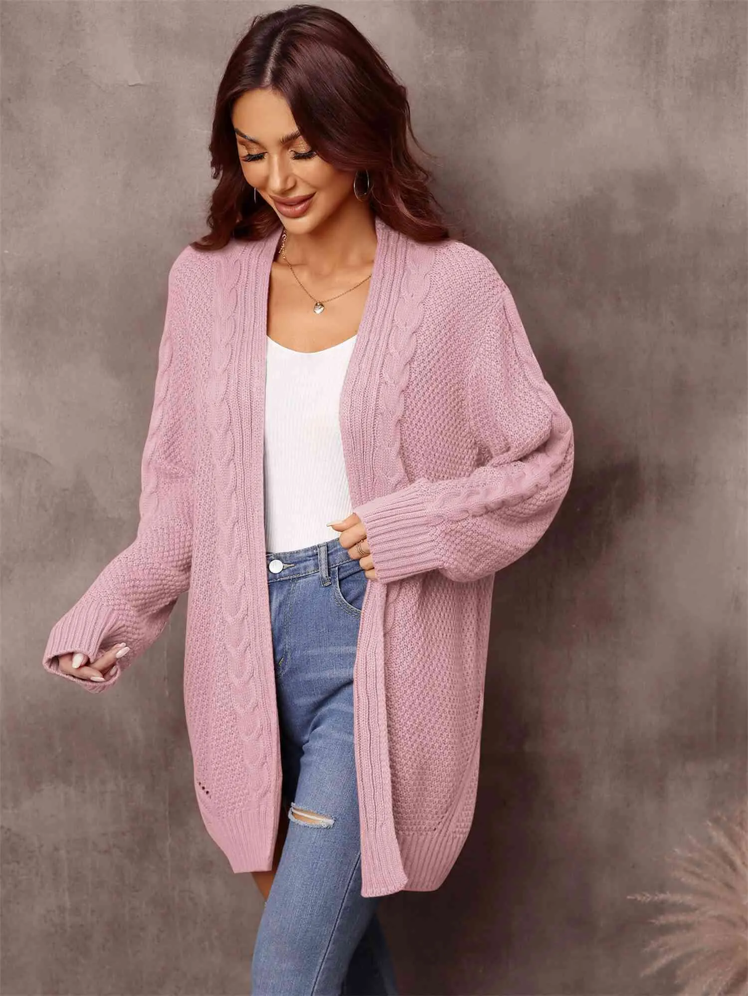 &Mixed Knit Open Front Longline Cardigan