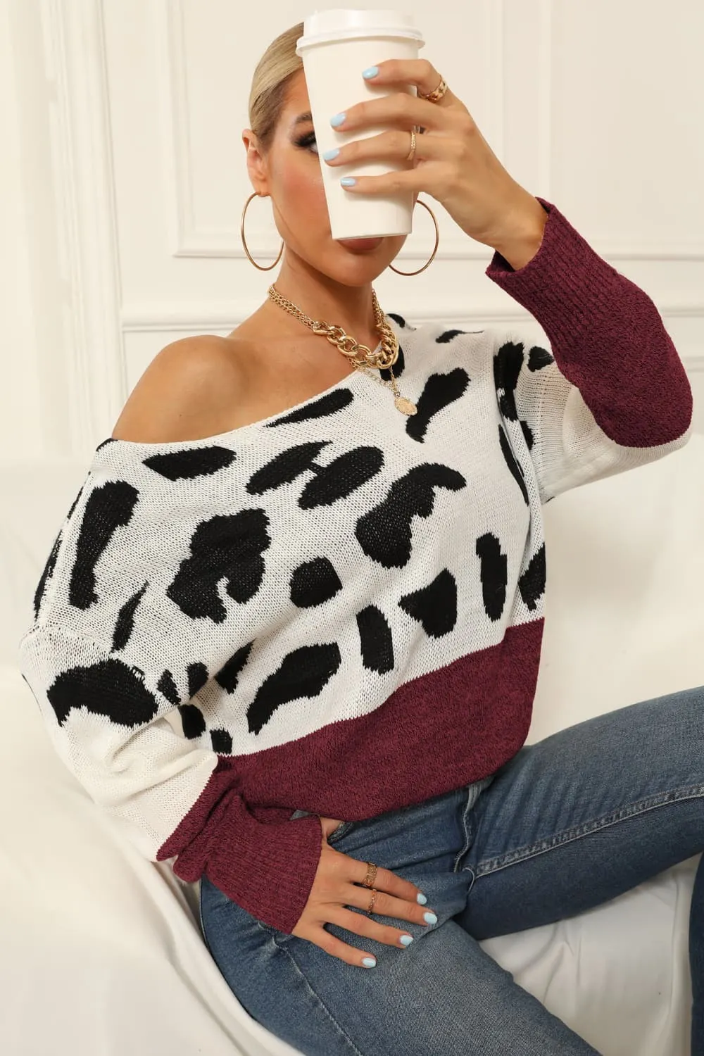 &Full Size Two-Tone Boat Neck Sweater