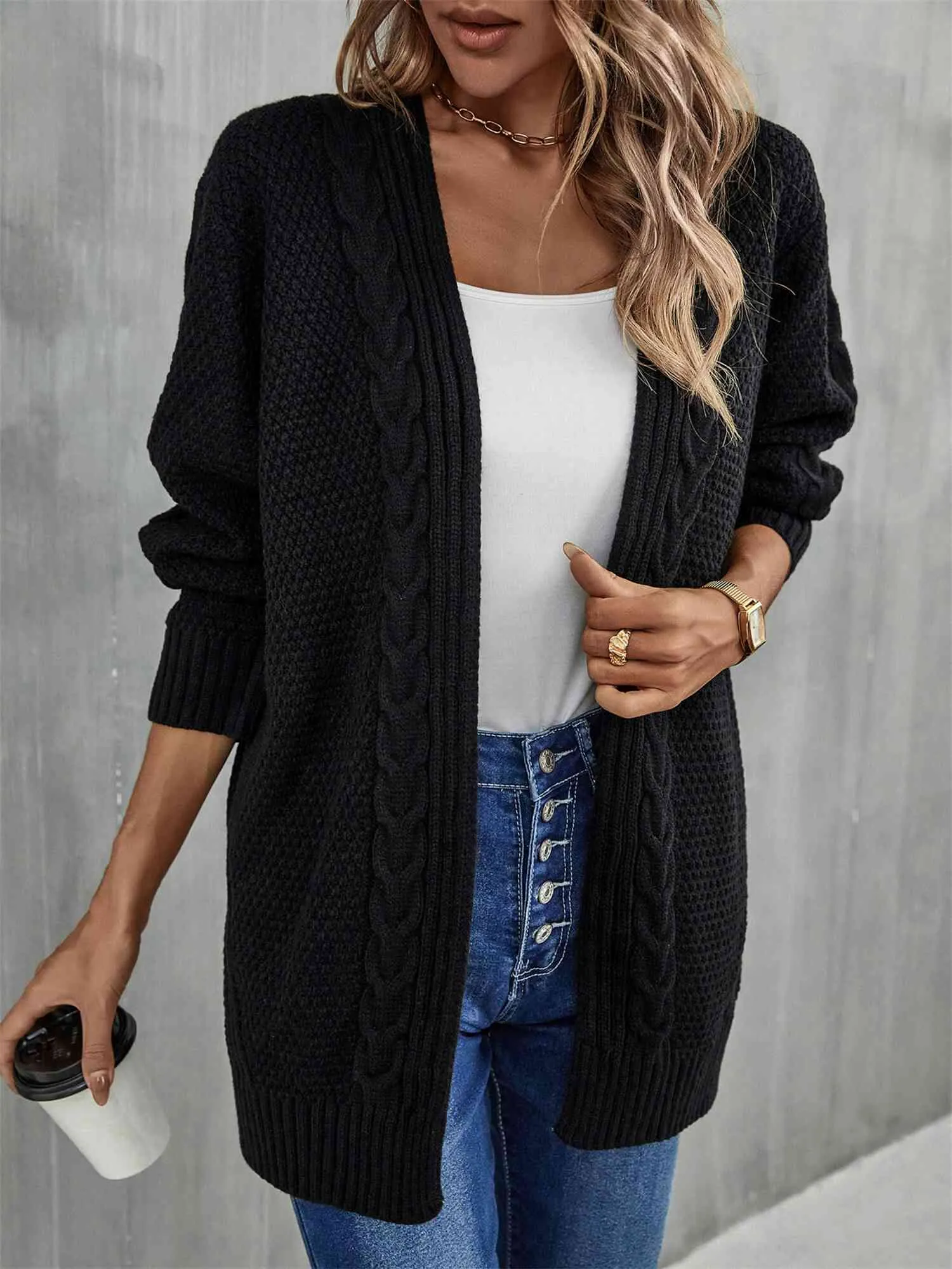 &Mixed Knit Open Front Longline Cardigan