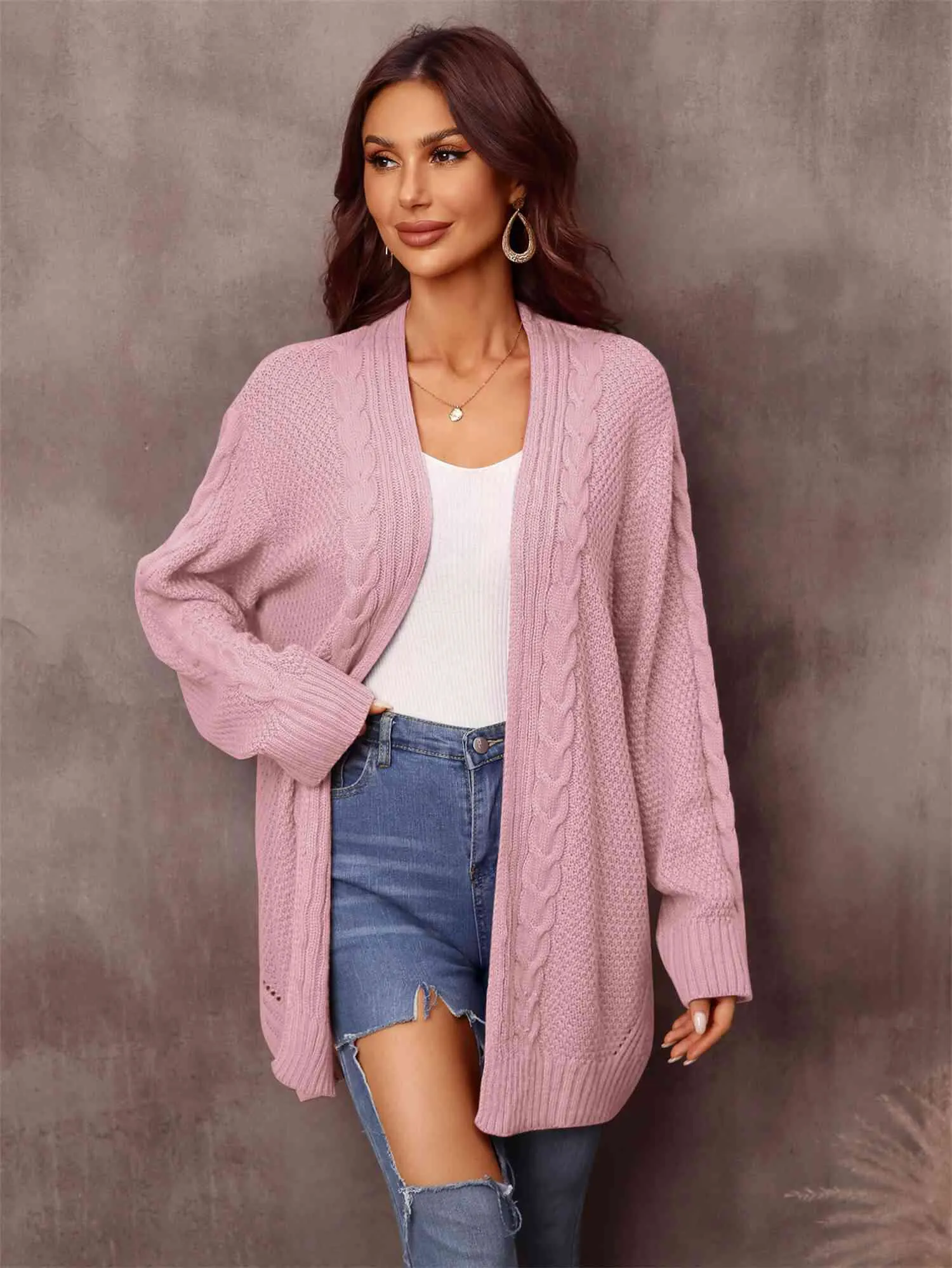 &Mixed Knit Open Front Longline Cardigan