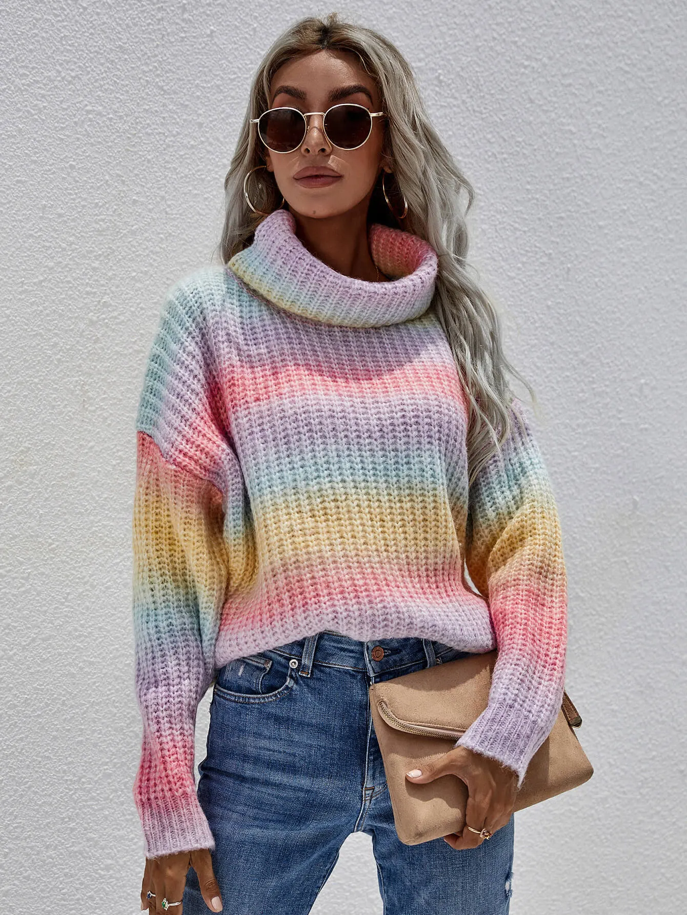 Multicolor rib-knit turtleneck sweater with drop shoulders