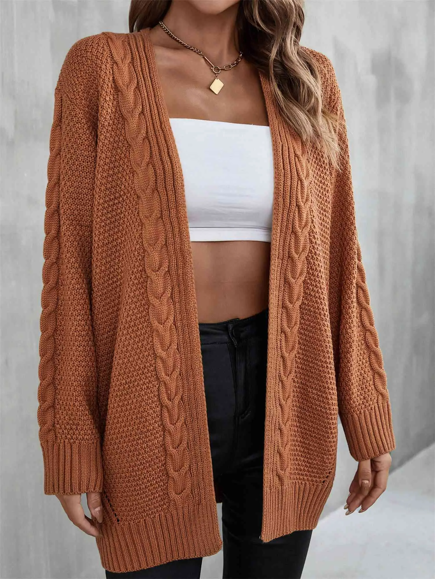 &Mixed Knit Open Front Longline Cardigan