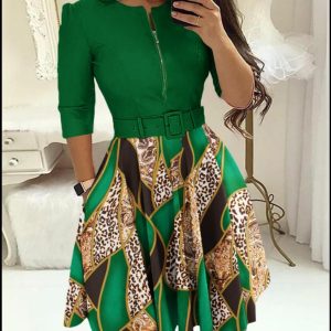Women's Printed Belted Fit-and-Flare Dress