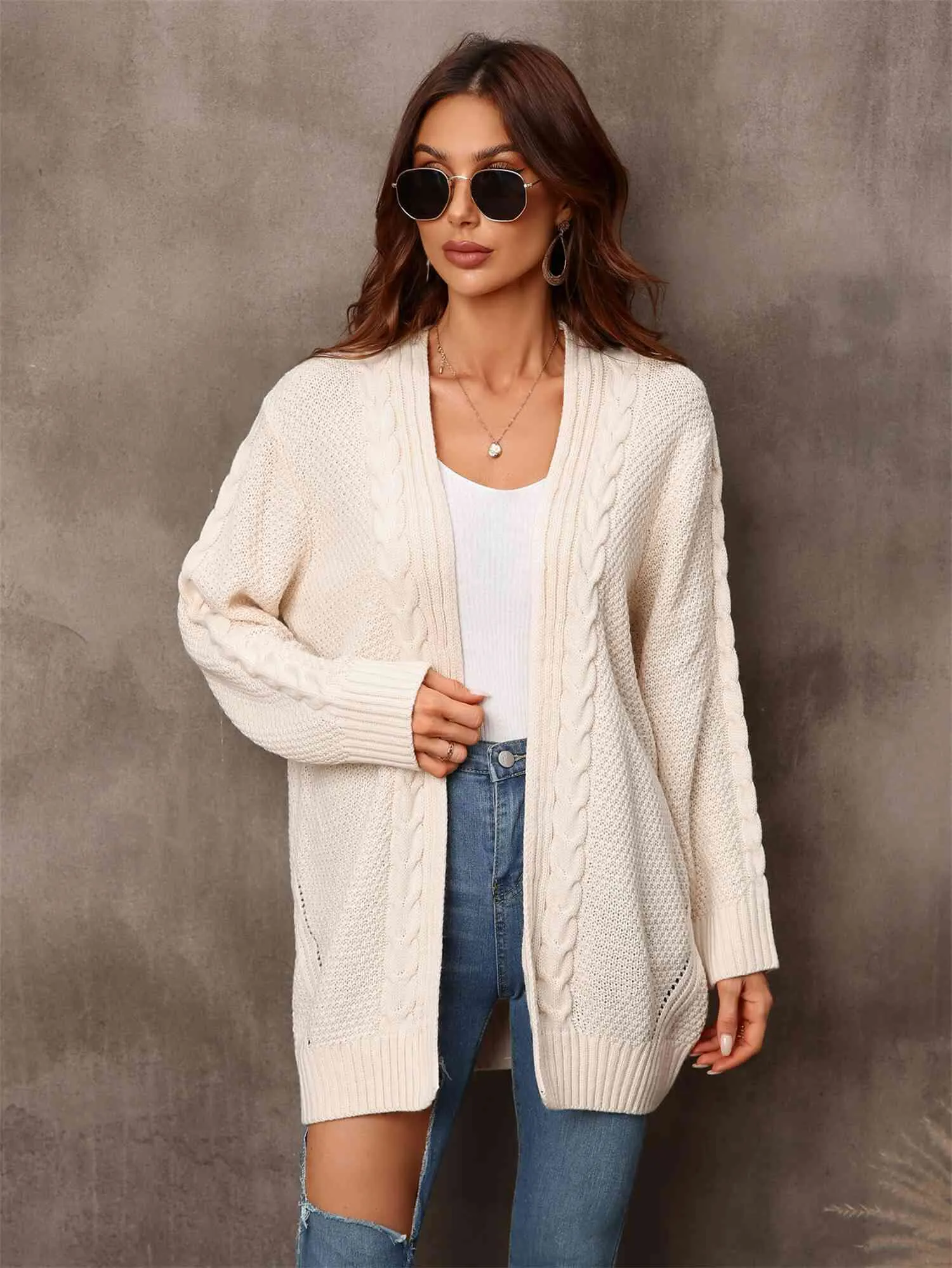 &Mixed Knit Open Front Longline Cardigan