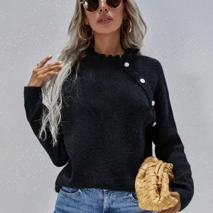 &Button Detail Frill Neck Rib-Knit Sweater
